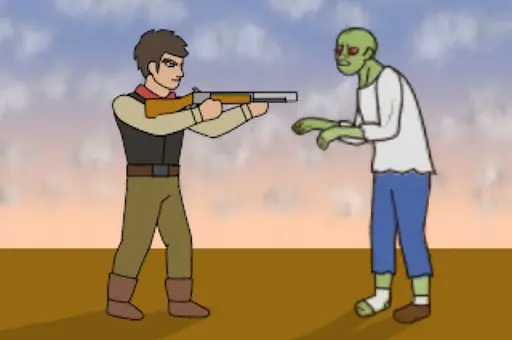 Cowboy apontando uma espingarda para um zumbi de pele verde em um cenário desértico ao entardecer. Imagem promocional de um jogo de sobrevivência no velho oeste com zumbis, onde é possível construir, colher e lutar para sobreviver.